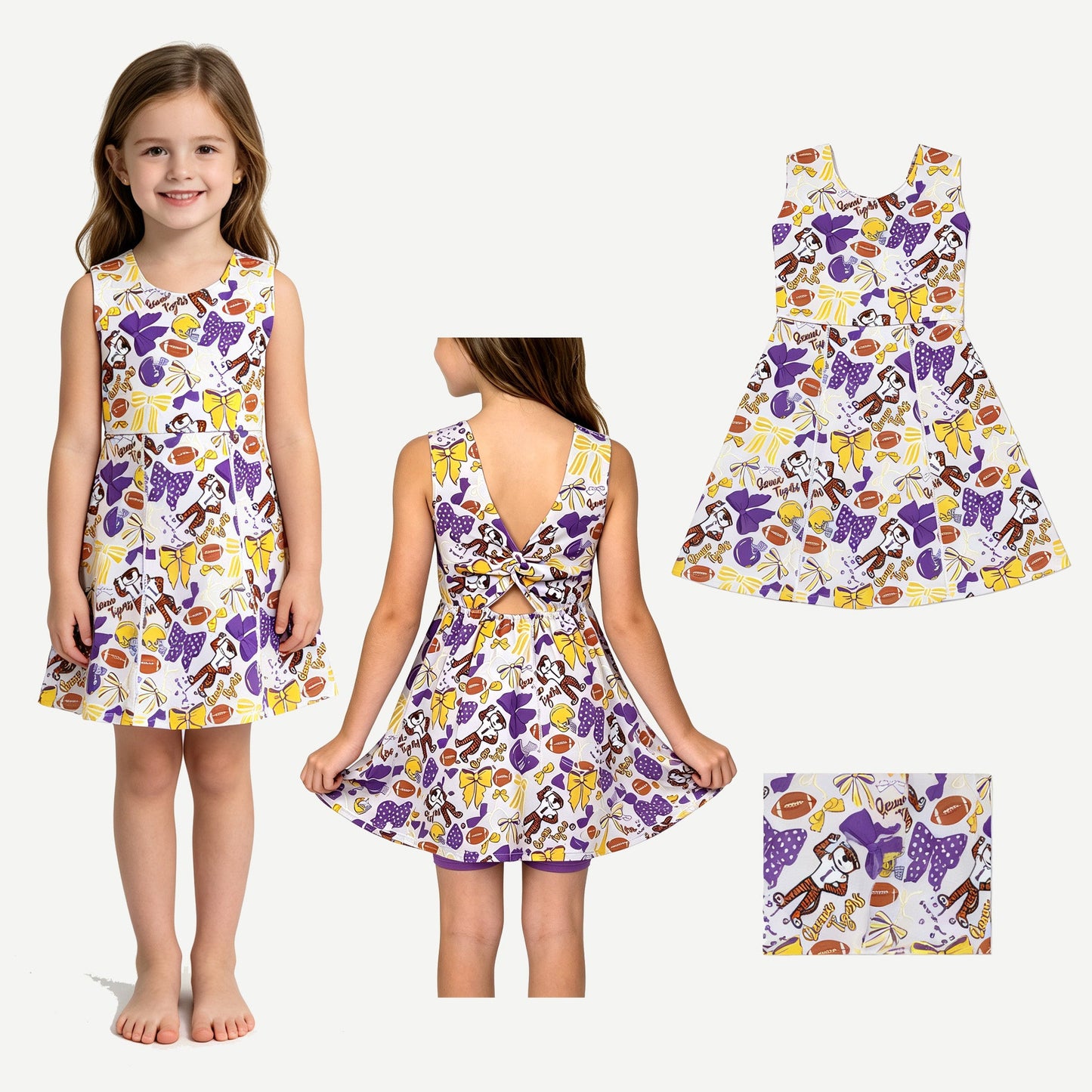 Sleeveless bow tiger kids girls team athletic dresses