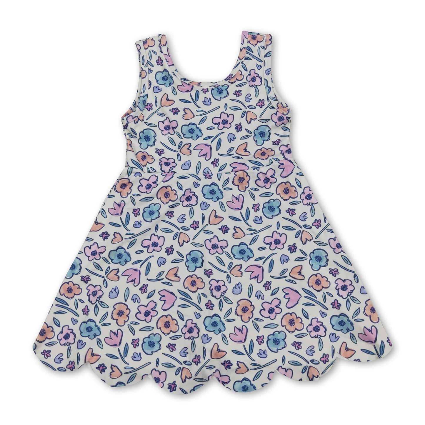 Sleeveless floral scallop kids girls summer athletic dress