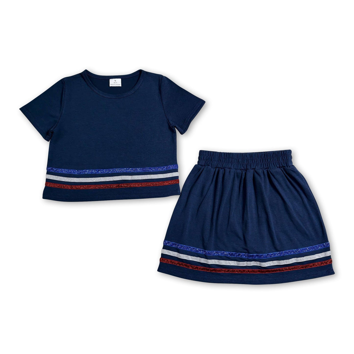 Navy short sleeves stripe cotton top skirt kids girls outfits