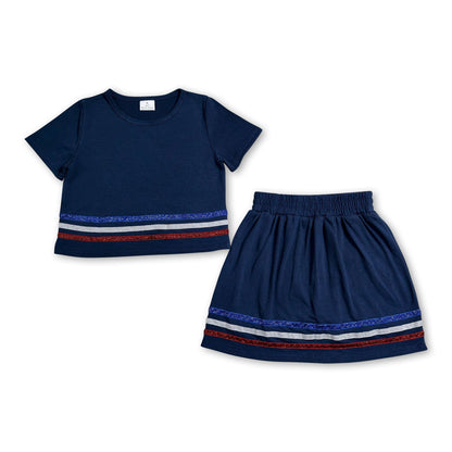 Navy short sleeves stripe cotton top skirt kids girls outfits