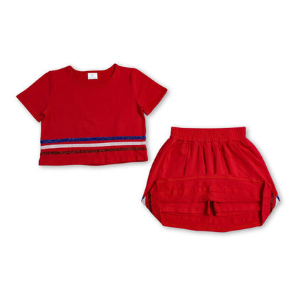 Red short sleeves stripe cotton top skirt kids girls outfits