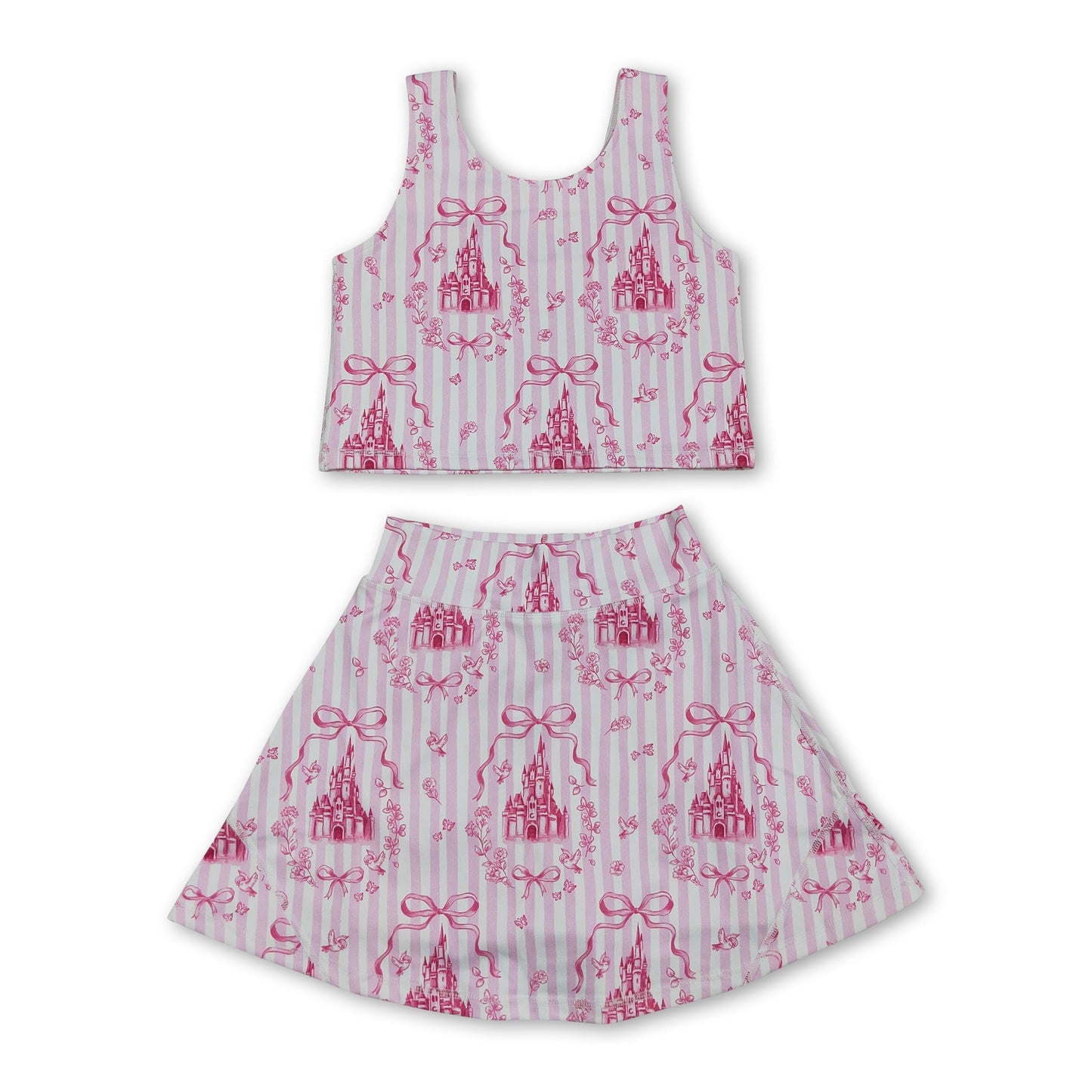 Pink stripe castle crop top bow skirt girls summer active set