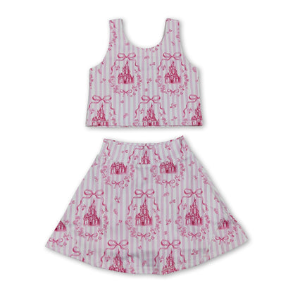 Pink stripe castle crop top bow skirt girls summer active set