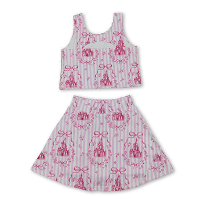 Pink stripe castle crop top bow skirt girls summer active set