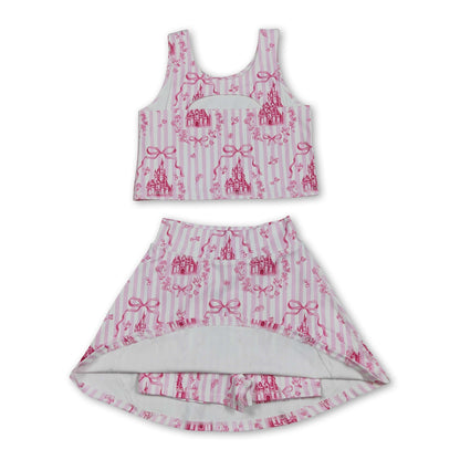 Pink stripe castle crop top bow skirt girls summer active set