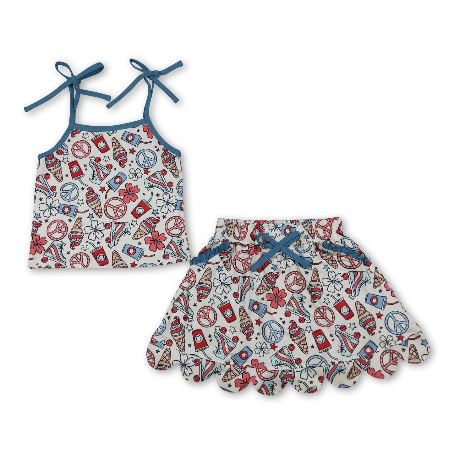Straps floral ice cream top skirt girls 4th of july outfits