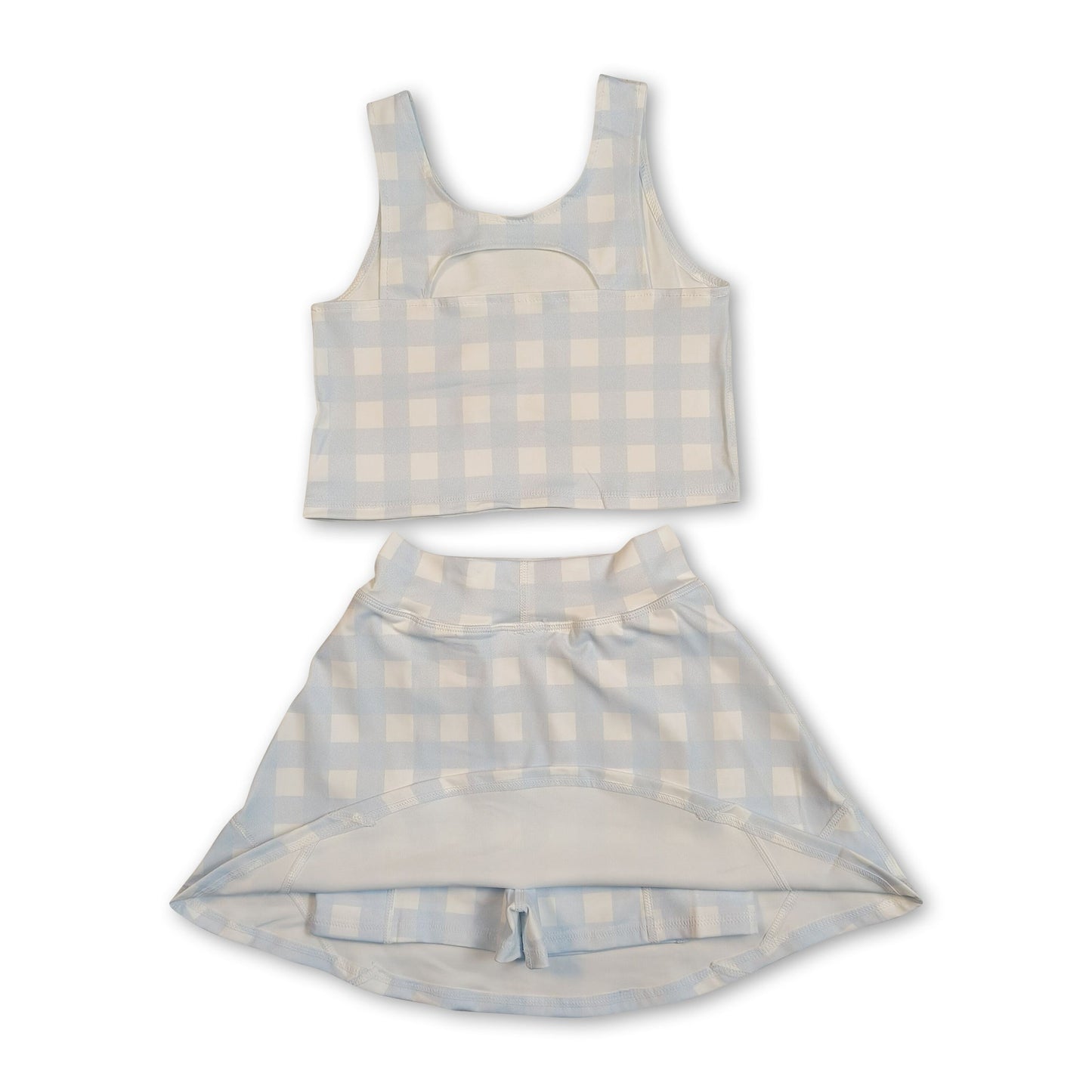 Sleeveless sky blue plaid crop top skirt kids girls activewear set
