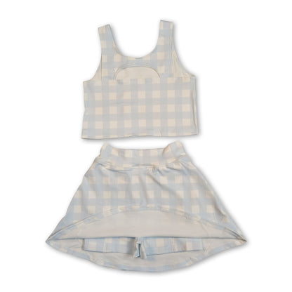 Sleeveless sky blue plaid crop top skirt kids girls activewear set