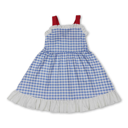 Straps white ruffle plaid kids girls summer dresses