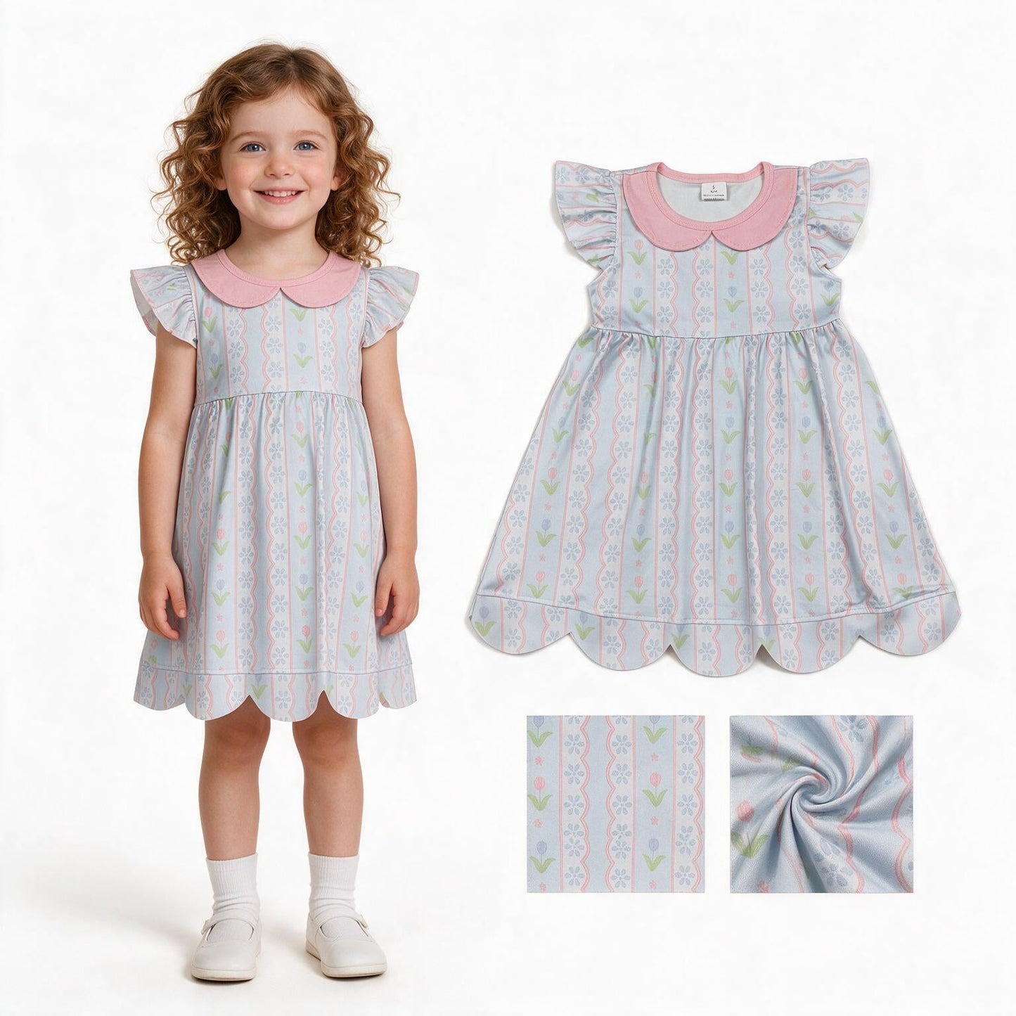 Flutter sleeves floral scallop kids girls dresses