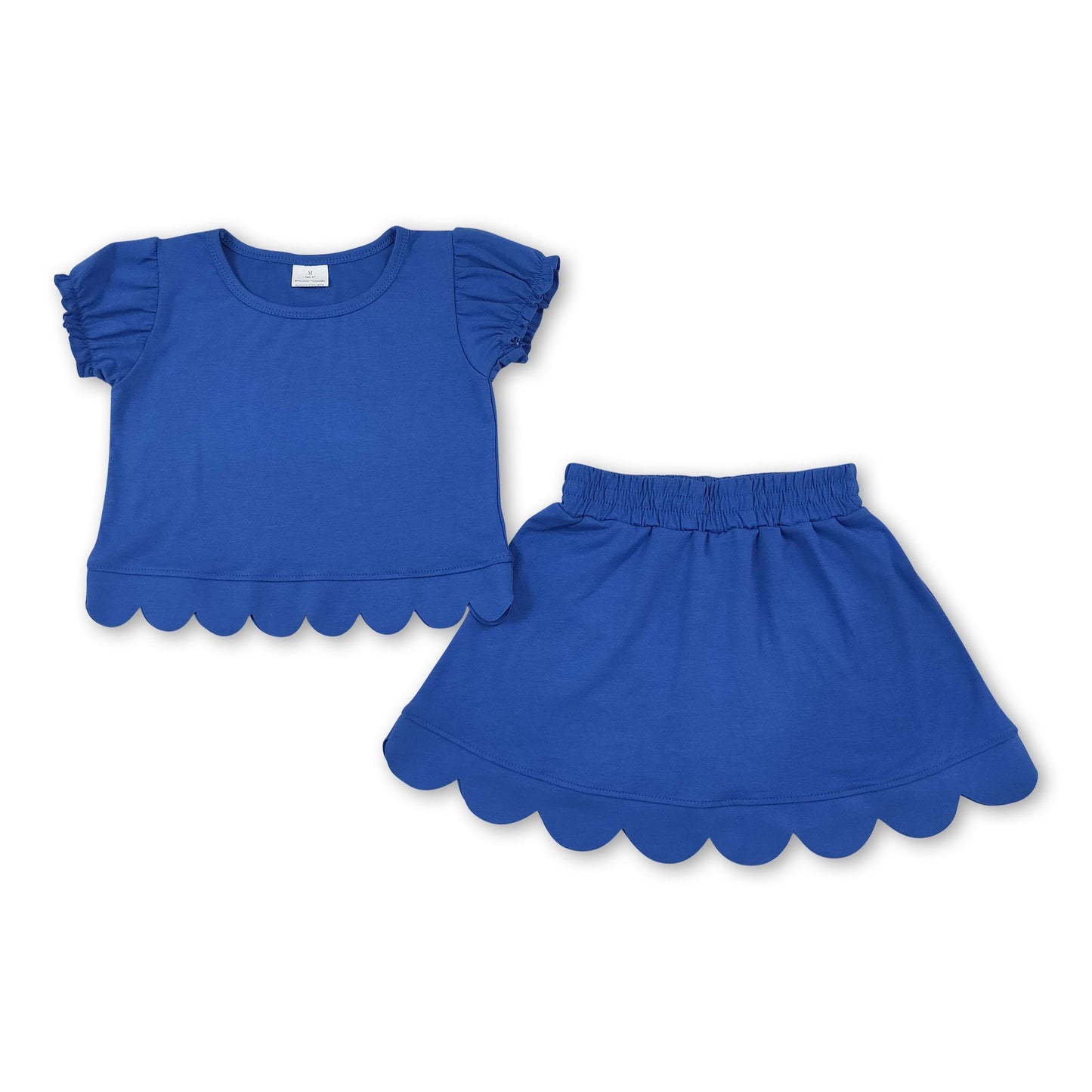 Blue short sleeves scallop top skirt girls summer set