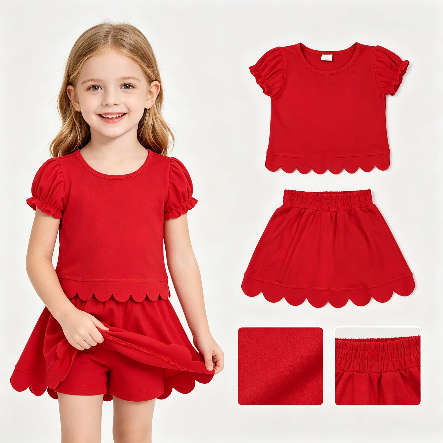 Red short sleeves scallop top skirt girls summer set