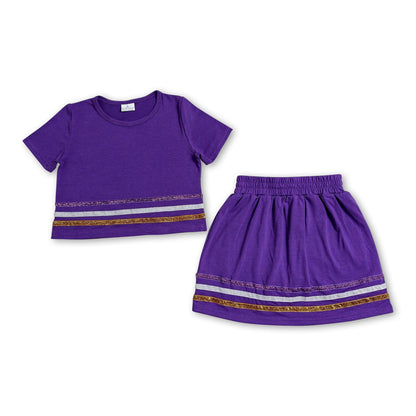 Purple short sleeves stripe cotton top skirt kids girls outfits