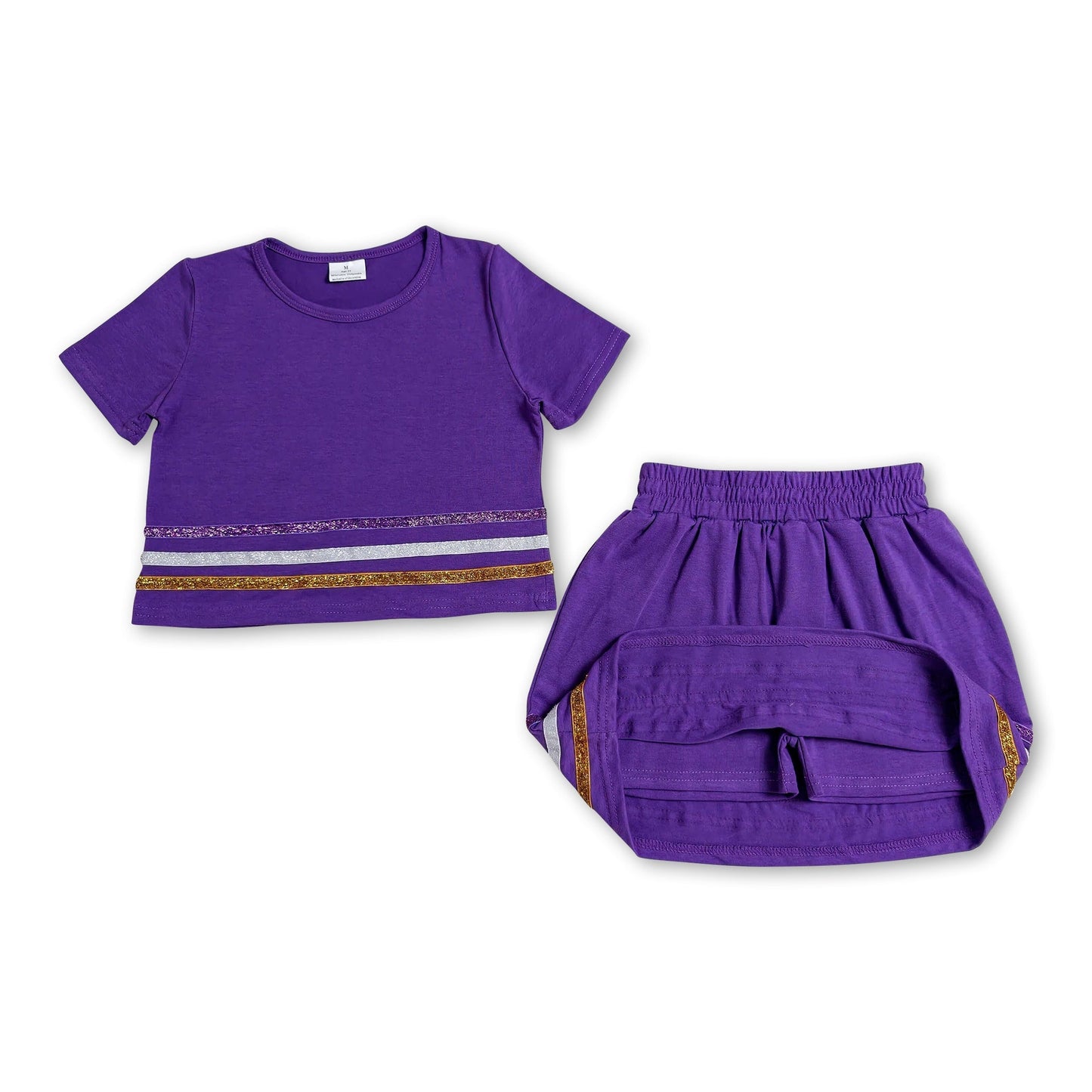Purple short sleeves stripe cotton top skirt kids girls outfits