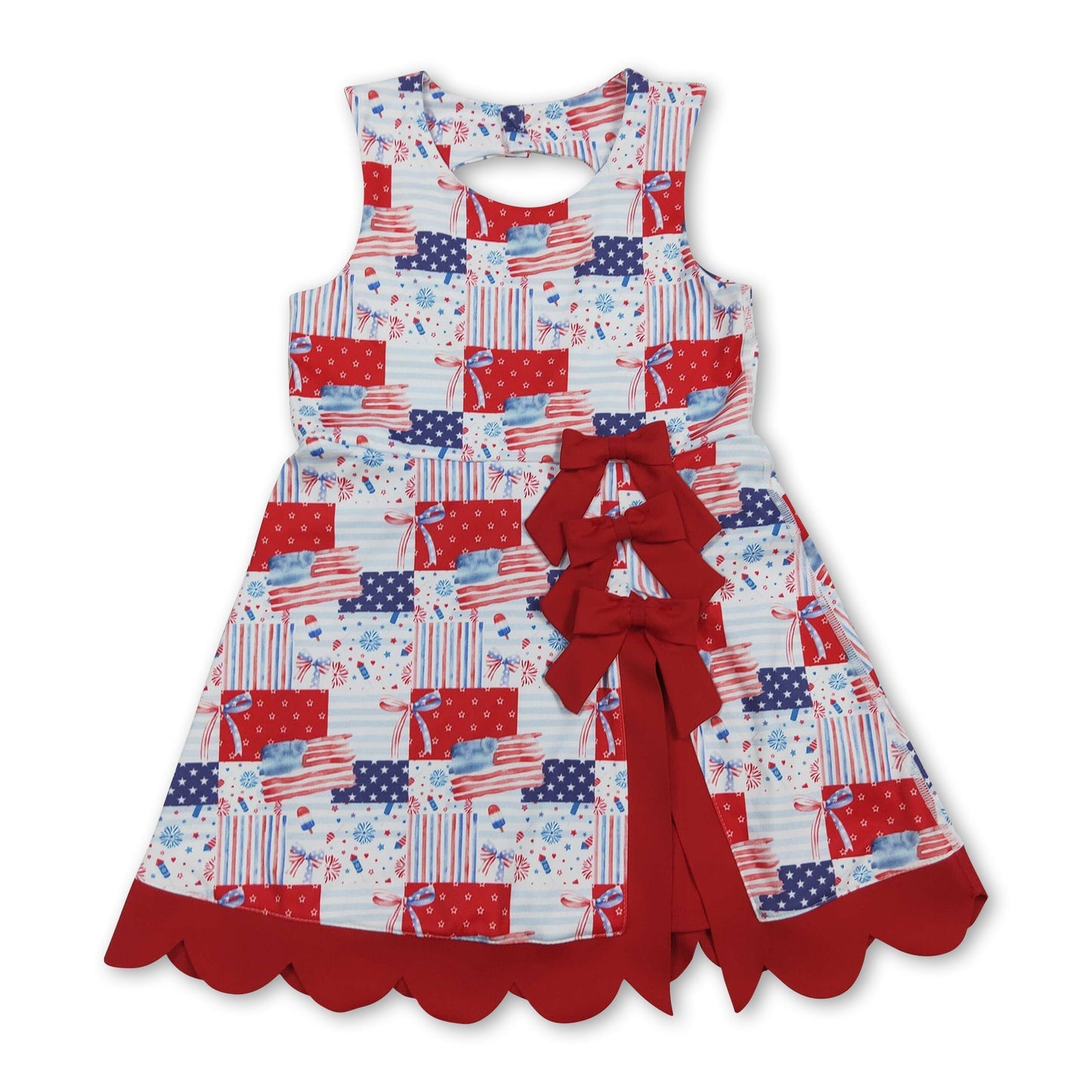 Sleeveless flag bow scallop girls 4th of july athletic dress