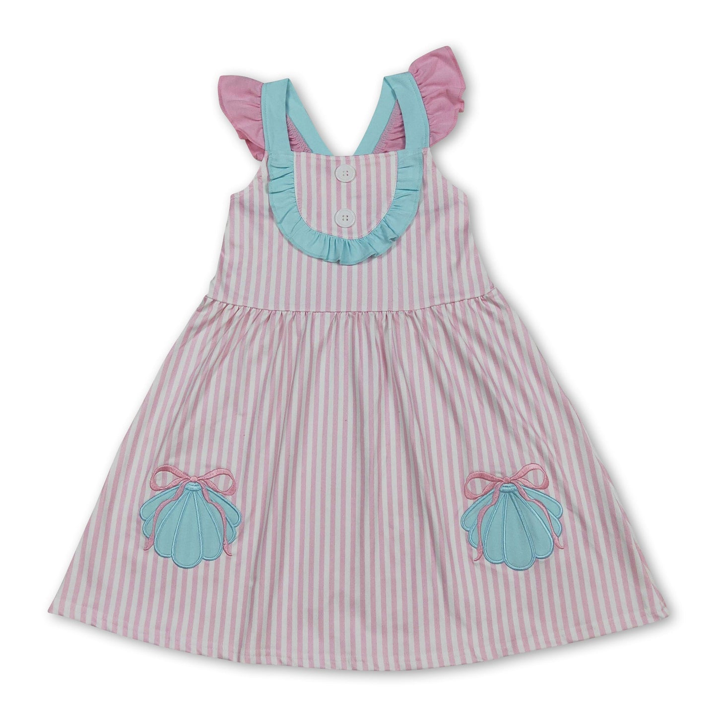 Flutter sleeves shell bow embroidery stripe girls dresses