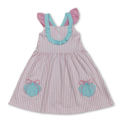 Flutter sleeves shell bow embroidery stripe girls dresses