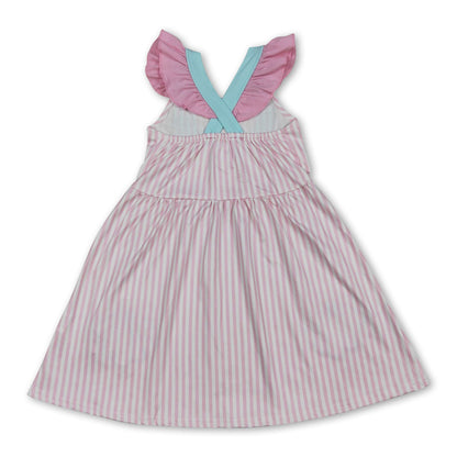 Flutter sleeves shell bow embroidery stripe girls dresses