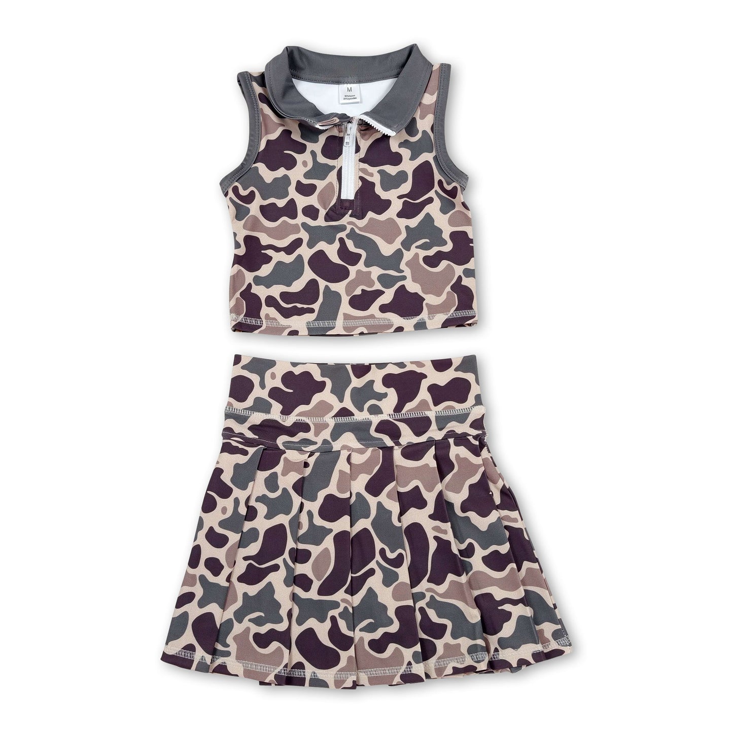 Sleeveless camo pullover pleated skirt girls active wear set