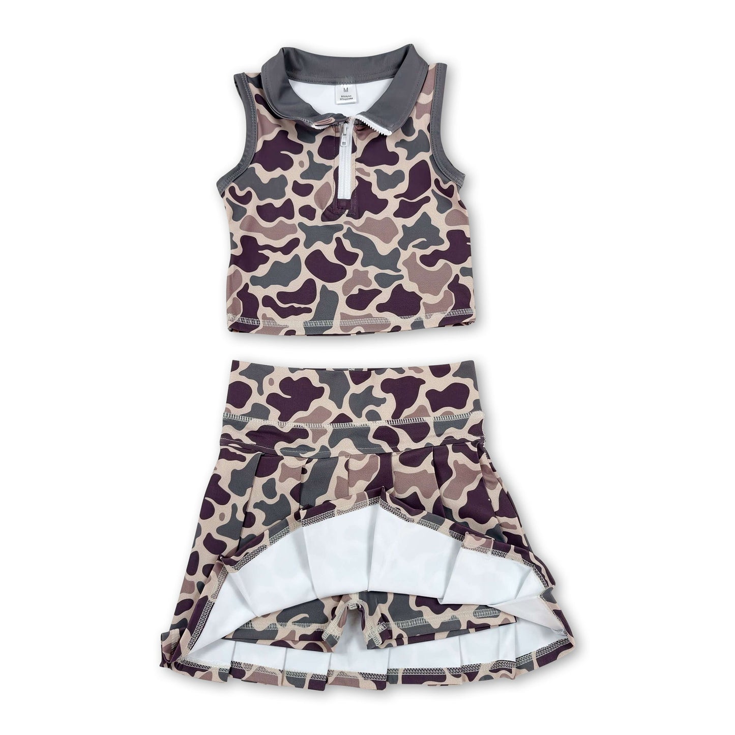 Sleeveless camo pullover pleated skirt girls active wear set
