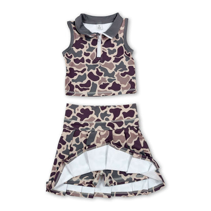 Sleeveless camo pullover pleated skirt girls active wear set