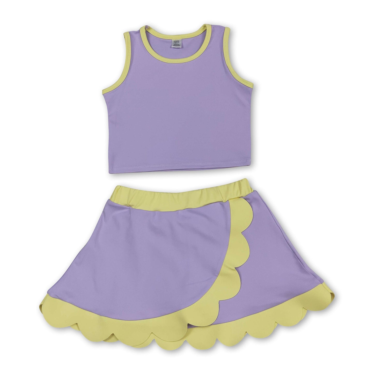 Sleeveless lavender yellow scallop kids girls active wear set