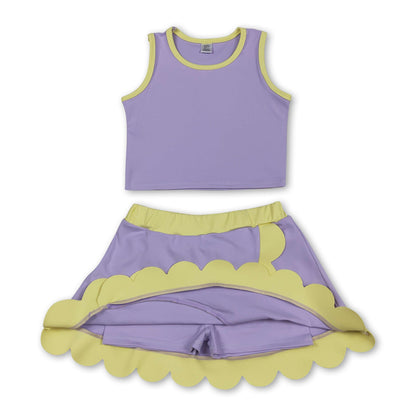 Sleeveless lavender yellow scallop kids girls active wear set