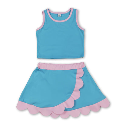 Sleeveless aqua pink scallop kids girls active wear set