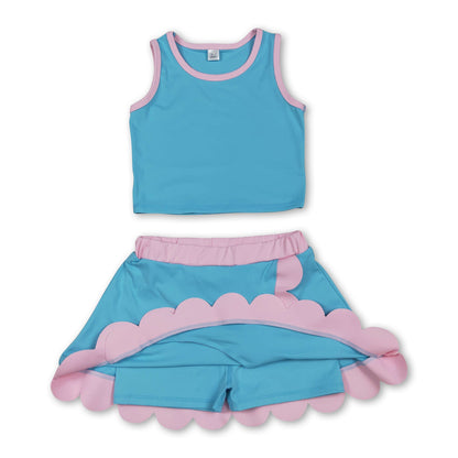 Sleeveless aqua pink scallop kids girls active wear set