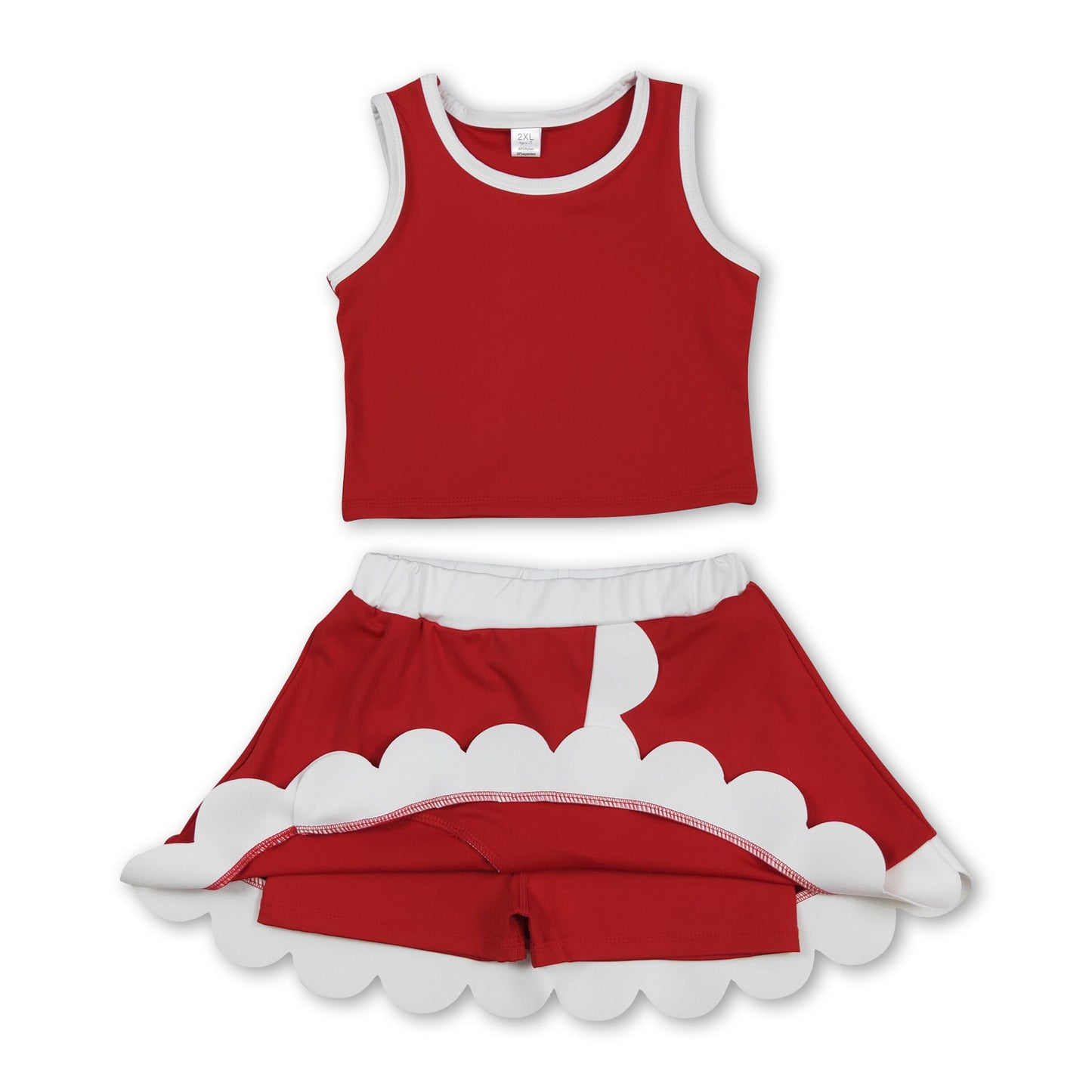 Sleeveless red white scallop girls team active wear set