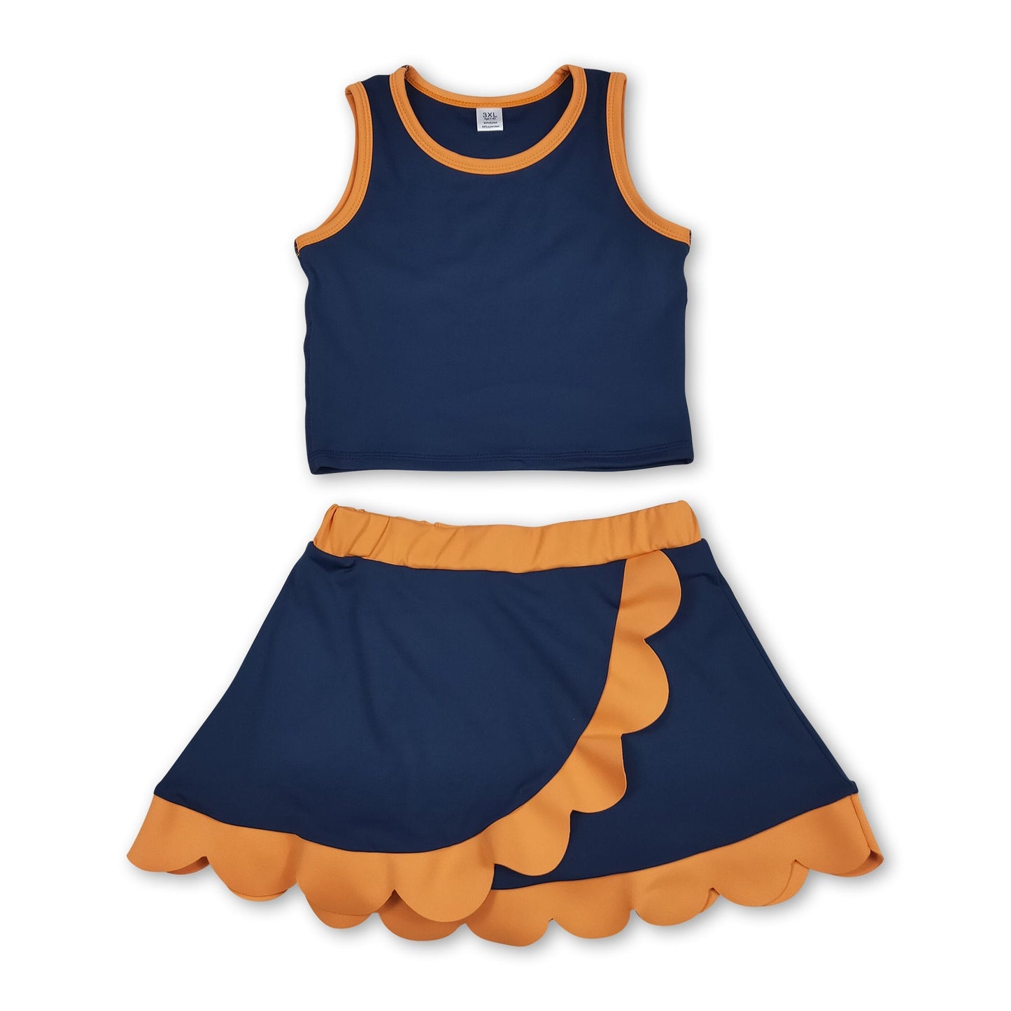 Sleeveless navy orange scallop girls team active wear set