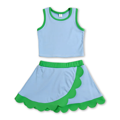 Sleeveless light blue green scallop kids girls active wear set