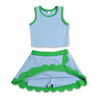 Sleeveless light blue green scallop kids girls active wear set