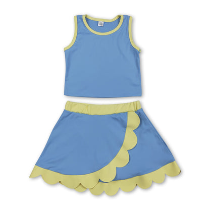 Sleeveless blue yellow scallop kids girls active wear set