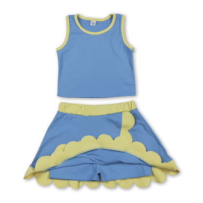 Sleeveless blue yellow scallop kids girls active wear set