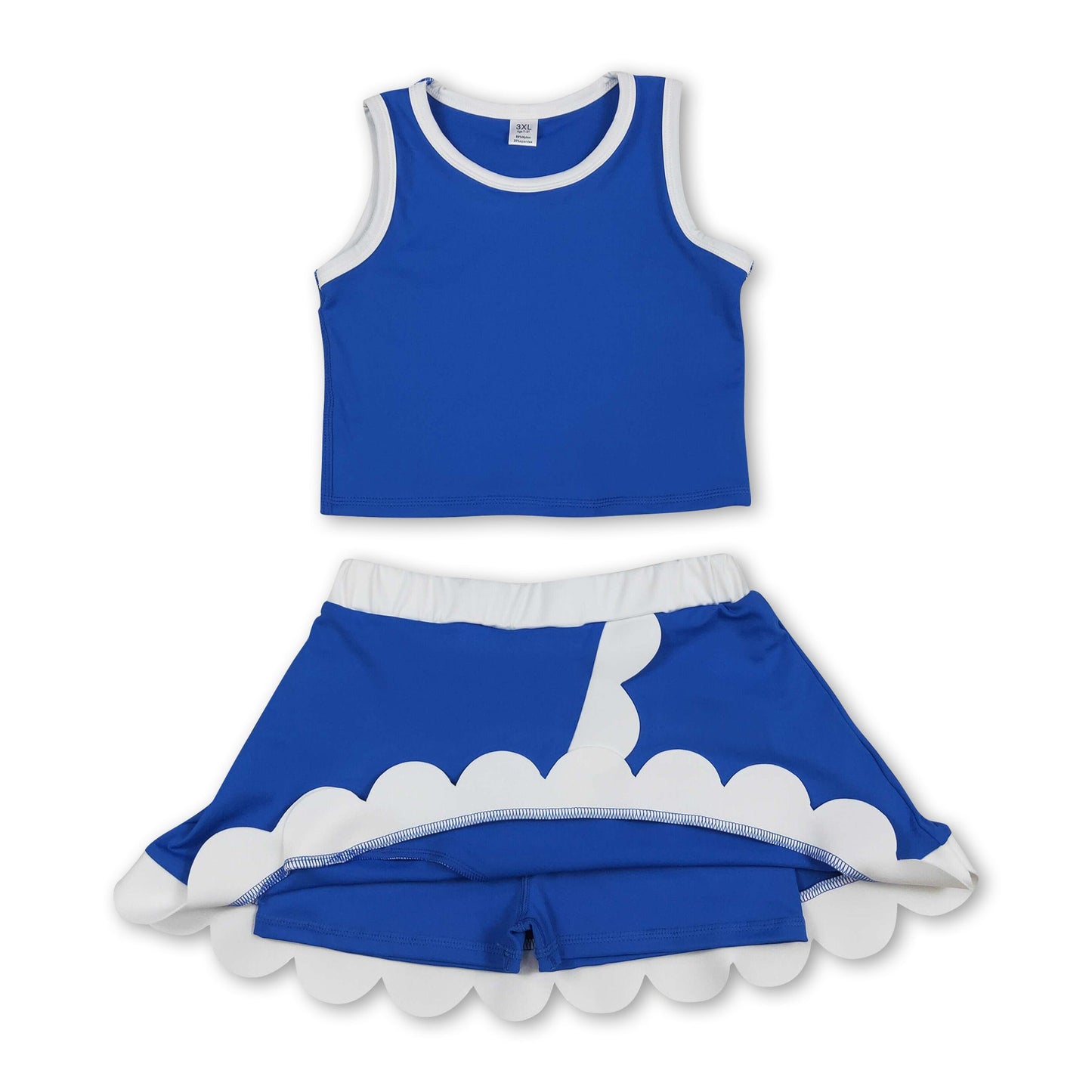 Sleeveless blue white scallop girls team active wear set