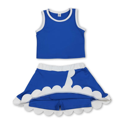 Sleeveless blue white scallop girls team active wear set