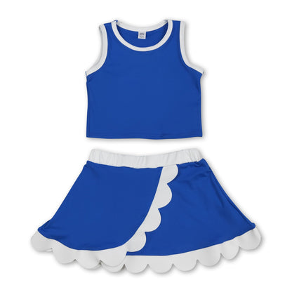 Sleeveless blue white scallop girls team active wear set