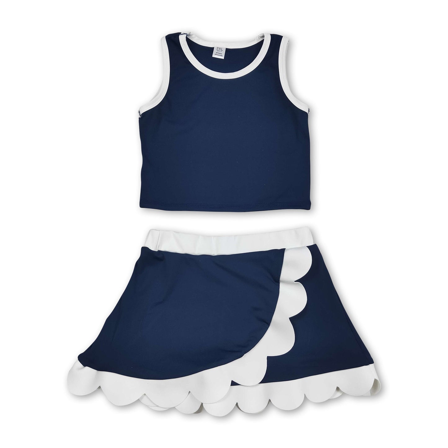 Sleeveless navy white scallop girls team active wear set