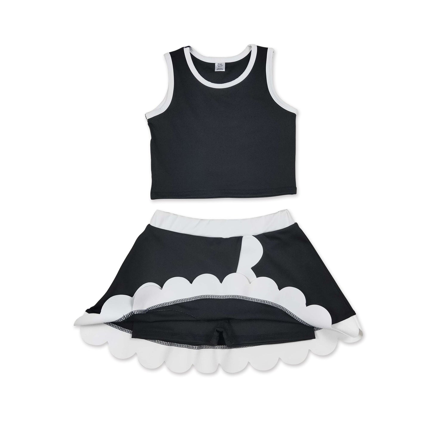 Sleeveless black white scallop kids girls active wear set