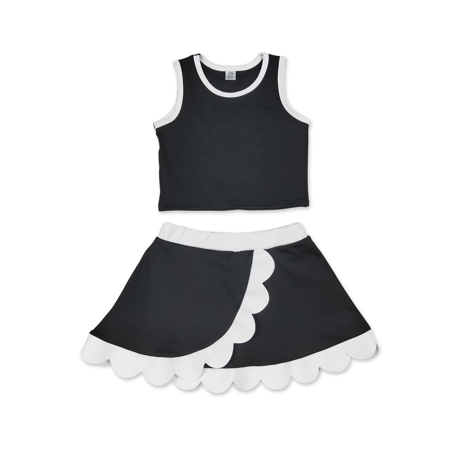 Sleeveless black white scallop kids girls active wear set