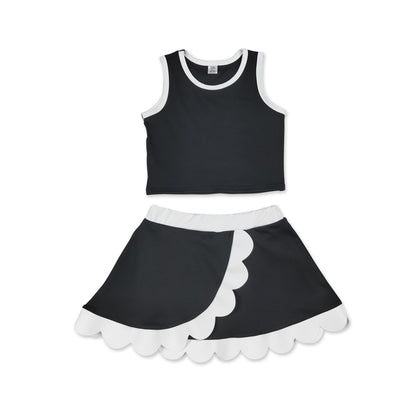 Sleeveless black white scallop kids girls active wear set
