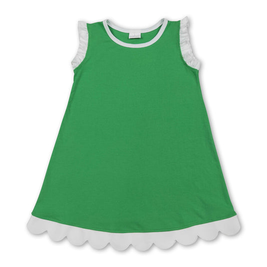 White scallop ruffle sleeveless green girls cotton dress