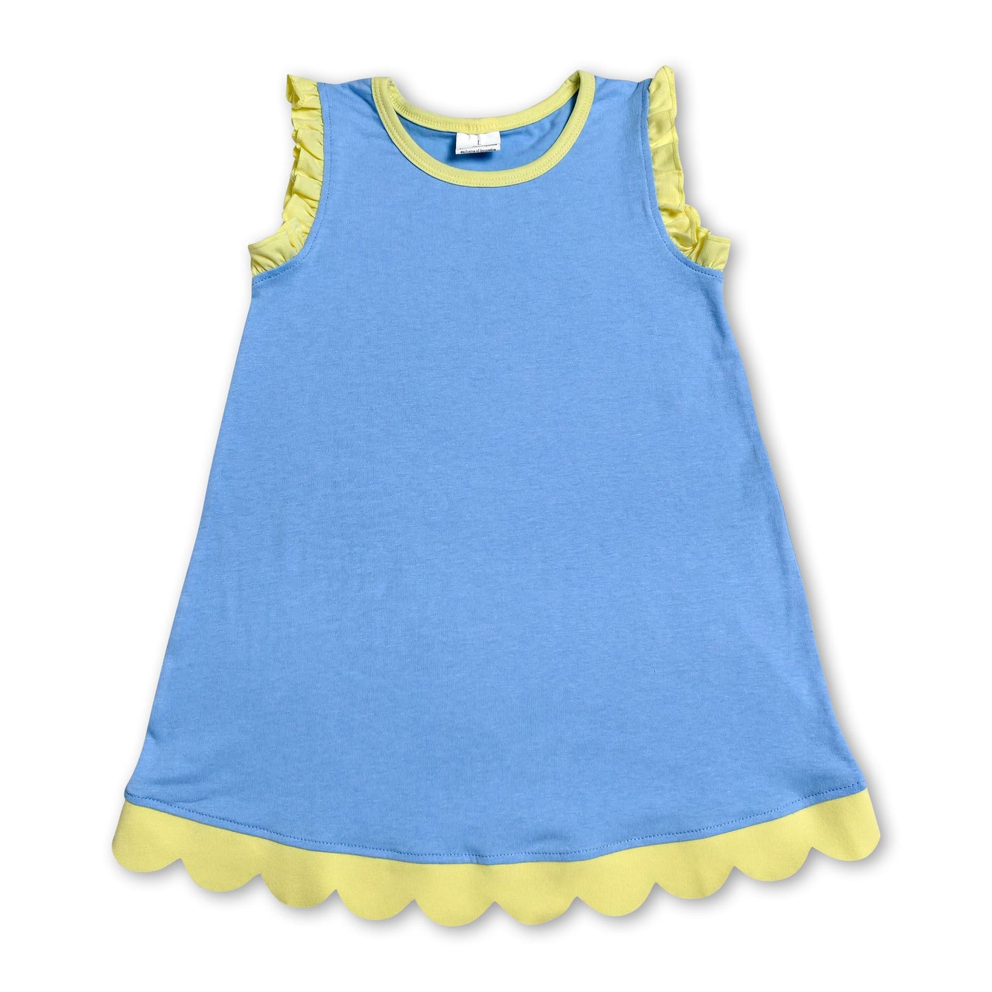 Yellow scallop ruffle sleeveless blue girls cotton dress
