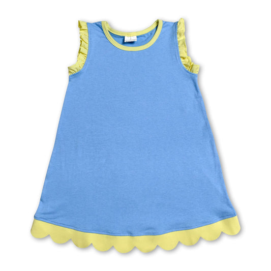 Yellow scallop ruffle sleeveless blue girls cotton dress