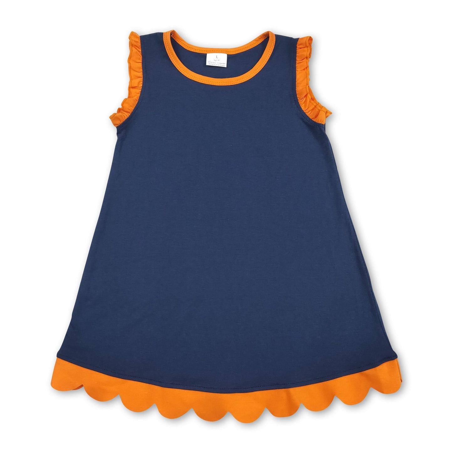 Orange scallop ruffle sleeveless navy girls cotton team dress