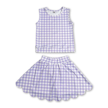 Sleeveless lavender plaid top scallop skirt girls active set