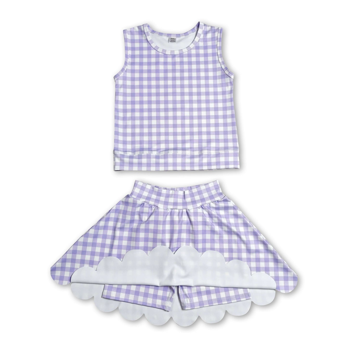 Sleeveless lavender plaid top scallop skirt girls active set
