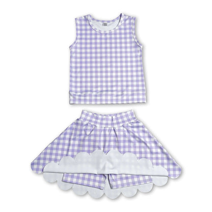 Sleeveless lavender plaid top scallop skirt girls active set