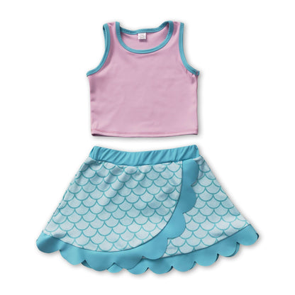 Sleeveless scallop mermaid scale girls active wear set
